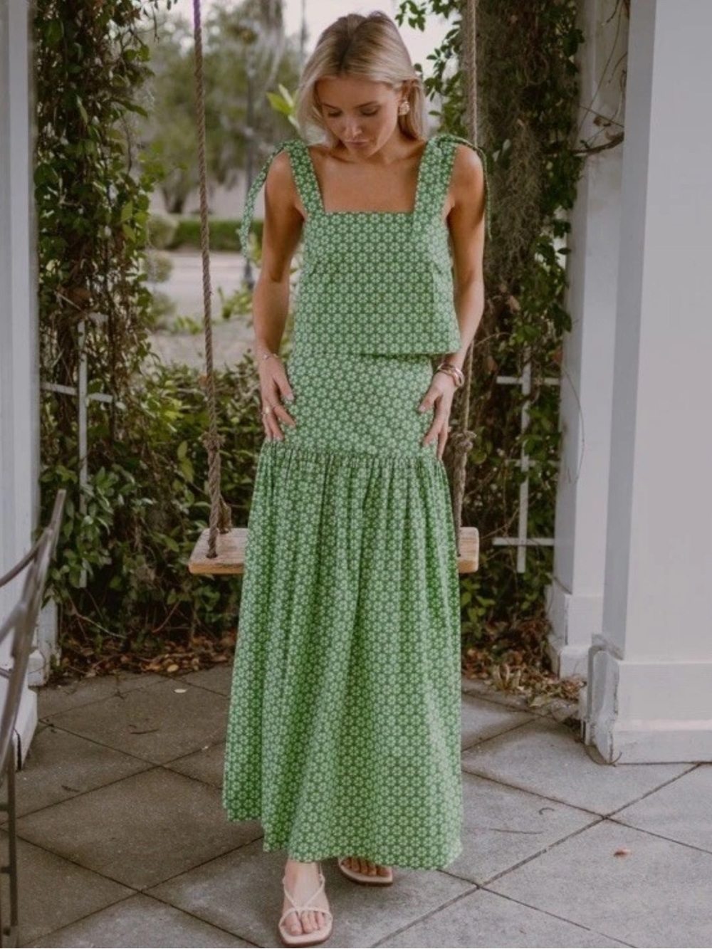 Antonio Melani Style by Simkins Charlotte Printed Poplin Top Skirt Set Green NWT